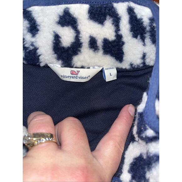 Vineyard Vines Womens Large Deep Bay Blue & Crème Leopard Sherpa Supershep Vest - Picture 3 of 7